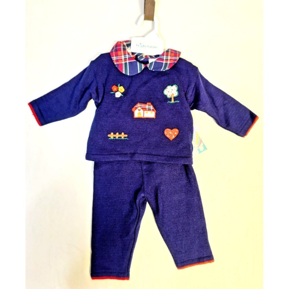 NWT 2 Piece Vintage BRIGHT FUTURE Sweater Top Pants Baby 6-9M Blue Embroidered